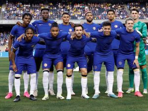 Chelsea players pose for a team photo ahead of a pre-season friendly football match between Chelsea FC and Borussia Dortmund BVB at Soldier Field in Chicago, Illinois, on August 2, 2023. (Photo by KAMIL KRZACZYNSKI / AFP)