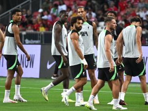 Liverpool's Egyptian striker Mohamed Salah (C) along with teammates attends a training session at the Singapore Festival of Football in Singapore on July 29, 2023. (Photo by Mohd RASFAN / AFP)
