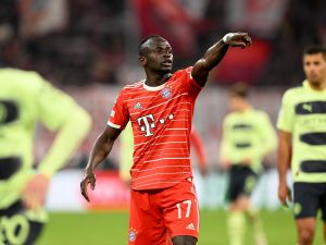 Bayern Munich's Senegalese forward Sadio Mane reacts during the UEFA Champions League quarter-final, second leg football match between Bayern Munich and Manchester City in Munich, southern Germany on April 19, 2023. (Photo by CHRISTOF STACHE / AFP)