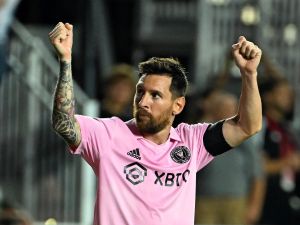 Inter Miami's Argentine forward Lionel Messi celebrates scoring his team's third goal during the round of 32 Leagues Cup football match between Inter Miami CF and Orlando City SC at DRV PNK Stadium in Fort Lauderdale, Florida, on August 2, 2023. (Photo by CHANDAN KHANNA / AFP)