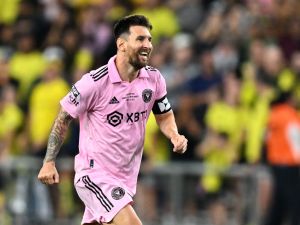 Inter Miami's Argentine forward #10 Lionel Messi celebrates after winning the Leagues Cup final football match against Nashville SC at Geodis Park in Nashville, Tennessee, on August 19, 2023. (Photo by CHANDAN KHANNA / AFP)