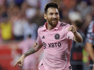 Inter Miami's Argentine forward #10 Lionel Messi reacts after scoring his team's second goal during the Major League Soccer 2023 match between Inter Miami and New York Red Bulls at the Red Bull arena in Harrison, New Jersey, August 26, 2023. (Photo by KENA BETANCUR / AFP)