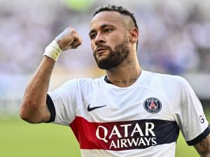 Paris Saint-Germain’s Neymar celebrates after scoring a goal against Jeonbuk Hyundai Motors during their friendly football match at the Asiad Main Stadium in Busan on August 3, 2023. (Photo by ANTHONY WALLACE / AFP)