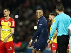 Paris Saint-Germain's French forward Kylian Mbappe looks on during the French L1 football match between Paris Saint-Germain (PSG) and Lens (RCL) at the Parc des Princes in Paris, on April 15, 2023. (Photo by Anne-Christine POUJOULAT / AFP)