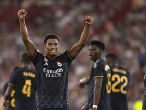 Real Madrid's English midfielder #05 Jude Bellingham celebrates scoring his second goal during the Spanish Liga football match between UD Almeria and Real Madrid CF at the Municipal Stadium of the Mediterranean Games in Almeria on August 19, 2023. (Photo by JORGE GUERRERO / AFP)