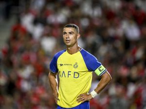 Al Nassr's Portuguese forward Cristiano Ronaldo looks on during the Algarve Cup football match between Al Nassr and SL Benfica at Algarve stadium in Loule on July 20, 2023. (Photo by Patricia DE MELO MOREIRA / AFP)