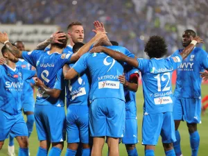 Hilal's players celebrate a goal during the Saudi Pro League football match between Al-Hilal and Al-Riyadh at Prince Faisal Bin Fahd Stadium in Riyadh on September 15, 2023. (Photo by Abdullah Mahdi / AFP)
