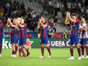 Barcelona's players celebrate at the end of the UEFA Champions League 1st round day 1 Group H football match between FC Barcelona and Royal Antwerp FC at the Estadi Olimpic Lluis Companys in Barcelona on September 19, 2023. (Photo by Josep LAGO / AFP)