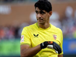 Sevilla's Moroccan goalkeeper Yassine Bounou "Bono" looks on during a pre-season friendly football match between Crystal Palace FC and Sevilla FC at Comerica Park in Detroit, Michigan, on July 30, 2023. (Photo by JEFF KOWALSKY / AFP)