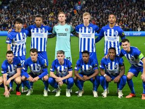 Brighton players pose for team photo during the UEFA Europa League Group B football match between Brighton and Hove Albion and AEK Athens at the American Express Community Stadium in Brighton, southern England on September 21, 2023. (Photo by Glyn KIRK / AFP)