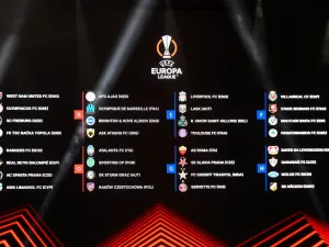 This photograph taken on September 1, 2023 shows a screen displaying the fixtures for the group stages of the UEFA Europa League after the draw for the 2023/2024 UEFA Europa League football tournament at The Grimaldi Forum in the Principality of Monaco. (Photo by NICOLAS TUCAT / AFP)