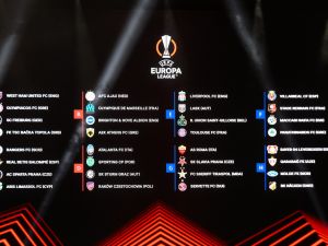 This photograph taken on September 1, 2023 shows a screen displaying the fixtures for the group stages of the UEFA Europa League after the draw for the 2023/2024 UEFA Europa League football tournament at The Grimaldi Forum in the Principality of Monaco. (Photo by NICOLAS TUCAT / AFP)