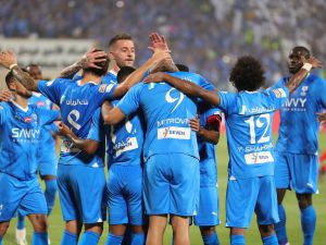 Hilal's players celebrate a goal during the Saudi Pro League football match between Al-Hilal and Al-Riyadh at Prince Faisal Bin Fahd Stadium in Riyadh on September 15, 2023. (Photo by Abdullah Mahdi / AFP)