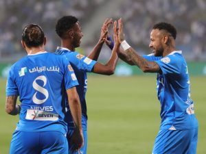 Hilal's Brazilian forward #10 Neymar (R) congratulates Hilal's Saudi midfielder #16 Nasser al-Dawsari for his goal during the Saudi Pro League football match between Al-Hilal and Al-Riyadh at Prince Faisal Bin Fahd Stadium in Riyadh on September 15, 2023. (Photo by Fayez Nureldine / AFP)