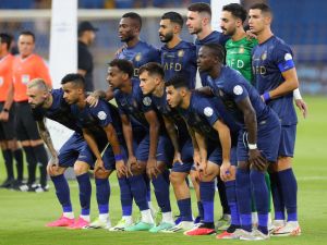 Nassr's players pose for a team picture ahead of the Saudi Pro League football match between Al-Nassr and Al-Hazem at the King Abdullah Sports City in Buraidah, on September 2, 2023. (Photo by Abdulaziz ALNOMAN / AFP)