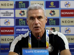 Nassr's Portuguese coach Luis Castro speaks during a press conference at Tehran's Azadi stadium on September 18, 2023, a day ahead of the AFC Champions League group E match between Persepolis FC and al-Nassr FC. (Photo by ATTA KENARE / AFP)