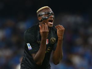 Napoli's Nigerian striker Victor Osimhen reacts during the Italian Serie A football match SSC Napoli vs SS Lazio at the Diego Armando Maradona Stadium in Naples, on September 2, 2023. (Photo by CARLO HERMANN / AFP)