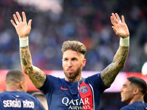 Paris Saint-Germain's Spanish defender Sergio Ramos celebrates scoring his team's first goal during the French L1 football match between Paris Saint-Germain (PSG) and Clermont Foot 63 at the Parc des Princes Stadium in Paris on June 3, 2023. (Photo by FRANCK FIFE / AFP)