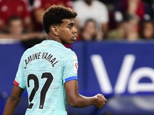 Barcelona's Spanish forward #27 Lamine Yamal is pictured during the Spanish Liga football match between CA Osasuna and FC Barcelona at El Sadar stadium in Pamplona on September 3, 2023. (Photo by ANDER GILLENEA / AFP)