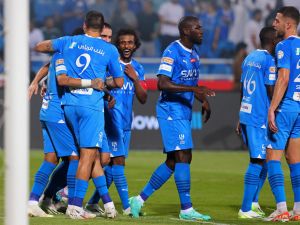 Hilal's Serbian forward #09 Aleksandar Mitrovic celebrates after scoring his team's second goal during the Saudi Pro League football match between Al-Hilal and Al-Shabab at Prince Faisal Bin Fahd Stadium in Riyadh on September 29, 2023. (Photo by Fayez NURELDINE / AFP)