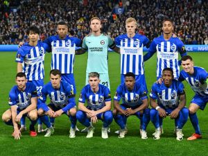 Brighton players pose for team photo during the UEFA Europa League Group B football match between Brighton and Hove Albion and AEK Athens at the American Express Community Stadium in Brighton, southern England on September 21, 2023. (Photo by Glyn KIRK / AFP)