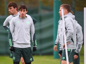 Celtic's Portuguese midfielder #28 Paulo Bernardo (2L) attends a team training session at the Celtic Training Centre in Lennoxtown, north of Glasgow on October 24, 2023, on the eve of their UEFA Champions League Group E football match against Atletico Madrid. (Photo by ANDY BUCHANAN / AFP)