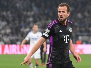 Bayern Munich's English forward #09 Harry Kane gestures during the UEFA Champions League Group A football match between FC Copenhagen and FC Bayern Munich in Copenhagen, Denmark on October 3, 2023. (Photo by Sergei GAPON / AFP)