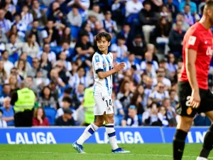 Real Sociedad's Japanese forward #14 Takefusa Kubo reacts during the Spanish league football match between Real Sociedad and RCD Mallorca at the Reale Arena stadium in San Sebastian on October 21, 2023. (Photo by ANDER GILLENEA / AFP)
