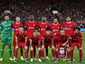 Liverpool players pose for a team photo ahead of kick off in the UEFA Europa League group E football match between Liverpool and Royale Union Saint-Gilloise at Anfield in Liverpool, north west England on October 5, 2023. (Photo by Oli SCARFF / AFP)