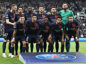 PSG players pose for a team photo ahead of the UEFA Champions League Group F football match between Newcastle United and Paris Saint-Germain at St James' Park in Newcastle-upon-Tyne, north east England on October 4, 2023. Newcastle won the match 4-1. (Photo by FRANCK FIFE / AFP)