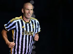 Juventus former French football player Zinedine Zidane takes part in the "Together, a Black & White Show" event, the first Juventus party dedicated to all its fans, at the Pala Alpitour in Turin, on October 10, 2023. (Photo by MARCO BERTORELLO / AFP)