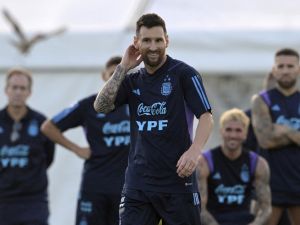 Argentina's forward Lionel Messi gestures during a training session in Ezeiza, Buenos Aires Province, on November 14, 2023, ahead of the FIFA World Cup 2026 qualifier football matches against Uruguay and Brazil. (Photo by Juan MABROMATA / AFP)