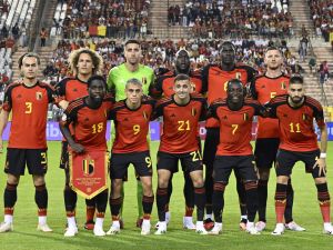 Belgium's players pose for a photograph ahead of the Euro 2024 football tournament group F qualifying match between Belgium and Estonia at King Baudouin Stadium in Brussels, on September 12, 2023. (Photo by JOHN THYS / AFP)