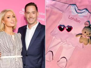 Paris Hilton is "thankful' for her "baby girl," sharing a photo of a pink outfit with the name "London" on it. (Amy Sussman; Paris Hilton's Instagram)
