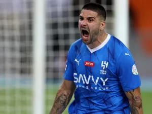 Hilal's Serbian forward #09 Aleksandar Mitrovic reacts after a goal during the Saudi Pro League football match between Al-Ittihad and Al-Hilal at Prince Abdullah al-Faisal Stadium in Jeddah on September 1, 2023. (Photo by AFP)