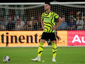 Arsenal's Declan Rice stands on the pitch during a friendly football match between the Major League Soccer (MLS) All-Star team and Arsenal FC, at Audi Field in Washington, DC, on July 19, 2023. (Photo by Stefani Reynolds / AFP)