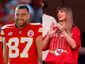 Travis Kelce is filling in the blank spaces of his relationship with Taylor Swift. (David Eulitt/ Jamie Squire/ Getty Images/ AFP)