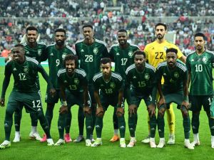 Saudi players pose for a group picture before the international friendly football match between Saudi Arabia and Costa Rica at St James' Park in Newcastle-upon-Tyne, northeast England, on September 8, 2023. (Photo by Oli SCARFF / AFP)