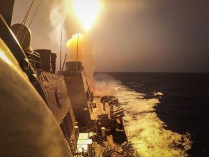 Ship in the Red Sea shot down missiles and drones that had been fired by Houthis in Yemen, possibly at Israel. (Aaron Lau / US NAVY / AFP)