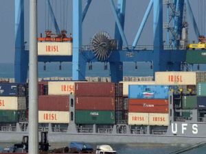 The logo of the Islamic Republic of Iran Shipping Lines (IRISL) mark containers being lifted from the Francorp in the Israeli port of Ashdod .