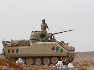 A picture taken during a tour origanized by the Jordanian Army shows soldiers patrolling along the border with Syria to prevent trafficking, on February 17, 2022.
