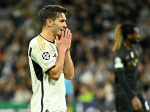 Real Madrid's Spanish forward #21 Brahim Diaz reacts during the UEFA Champions League first round group C football match between Real Madrid CF and SSC Naples at the Santiago Bernabeu stadium in Madrid on November 29, 2023. (Photo by JAVIER SORIANO / AFP)