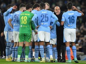 Manchester City's Spanish manager Pep Guardiola gives instructions to his players during the UEFA Champions League Group G football match between Manchester City and RG Leipzig at the Etihad Stadium, in Manchester, north west England, on November 28, 2023. (Photo by Oli SCARFF / AFP)