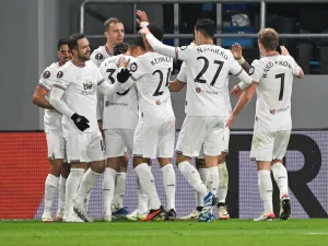 West Ham' players celebrate scoring their team's first goal during the UEFA Europa League group A football match between TSC Backa Topola and West Ham at the TSC Arena in Backa Topola on November 30, 2023. (Photo by ANDREJ ISAKOVIC / AFP)