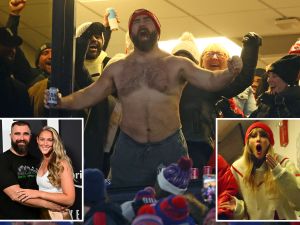 Jason Kelce's wife Kylie wasn't happy with shirtless partying at Chiefs-Bills game — but Taylor Swift 'loves' it. (X)
