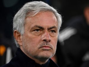 Roma's Portuguese coach Jose Mourinho looks on during the warm up ahead of the Italian Serie A football match between Juventus and Roma at the Allianz Stadium in Turin, on December 30, 2023. (Photo by Isabella BONOTTO / AFP)
