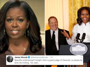 Video of Michelle Obama saying "Harvey Weinstein is a wonderful human being, a good friend and a powerhouse" sparks outrage. (X)