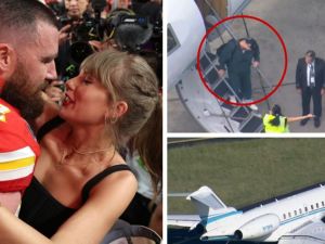 Taylor Swift and Travis Kelce’s jet-setting romance sparks climate controversy. (X)