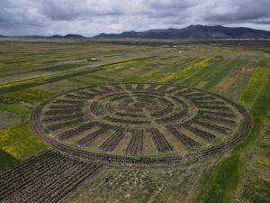 An aerial view reveals geoglyphs fabricated by the community of Caritamaya following an ancestral agricultural system called Suka Q'ullus or Waru Waru, at a field in the Acora district in Puno, Peru. (Photo by Juan Carlos CISNEROS / AFP) farming technique