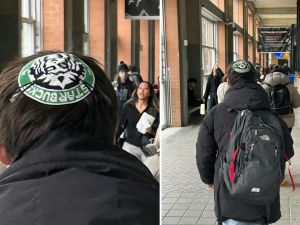 A Jewish man wearing a Kippah with a Starbucks logo. (Instagram/ @palestinian.videos)